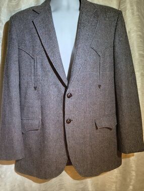 Men's Circle S Western Gray Tweed Blazer 42R Suede Elbow Pads, Excellent Vintage
